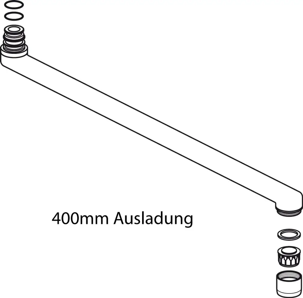 Rohrauslauf von Ideal Standard, mit verschiedenen Dichtungen und einem Anschluss. Ausführung zeigt eine gerade Form und Anschlussgewinde auf einer Seite.